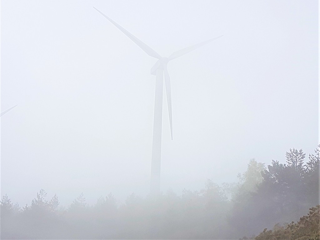 Windrad im Nebel auf dem Camino Primitivo