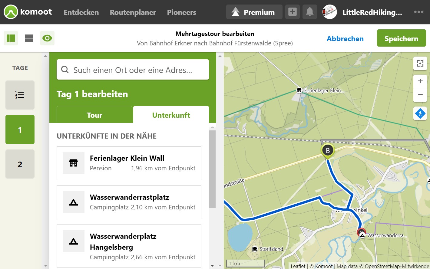 13 Unterkünfte hinzufügen im Mehrtagestourenplaner Komoot Premium