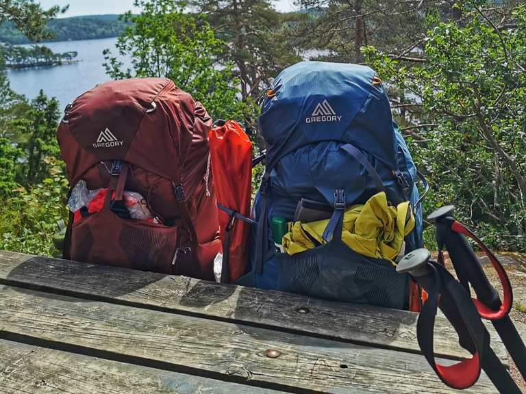 zwei Rucksäcke mit Trekkingstöcken im Vordergrund - Packliste Trekking mit Zelt