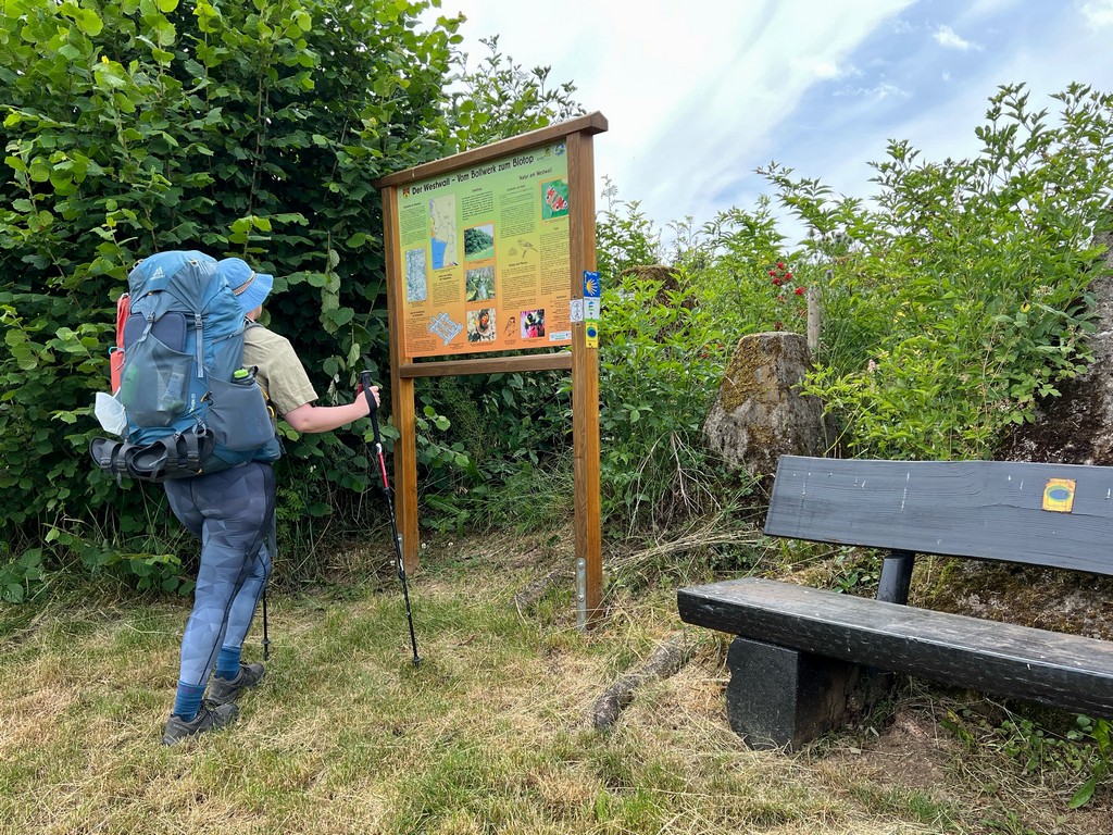 Info-Tafel studieren an den Resten des Westwalls auf dem Schneifel-Pfad